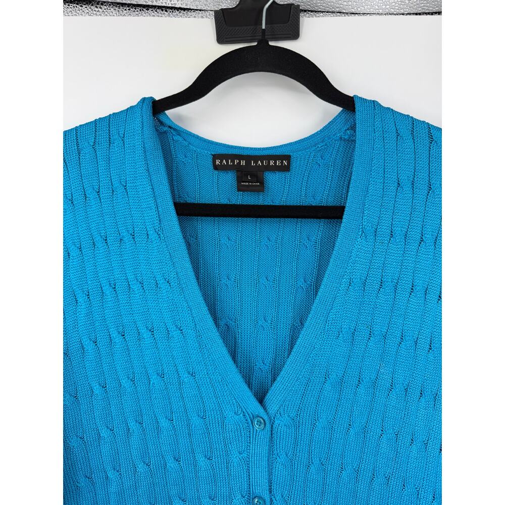 Ralph Lauren Black Label Women 100% Silk Cable knit Cardigan Sweater Size L Blue - Picture 5 of 9